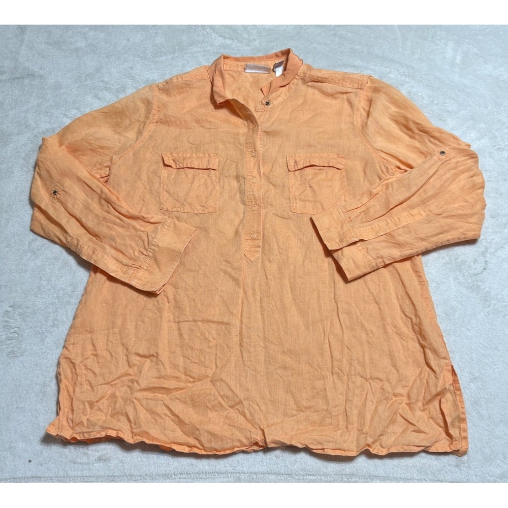 Chicos Linen Shirt Womens Size Large 2 Orange Long Sleeve Snap Roll Tab Sleeve